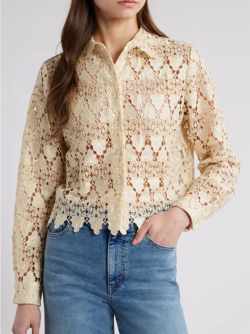 Frame Denim Cream Crochet Lace Button-Up Blouse